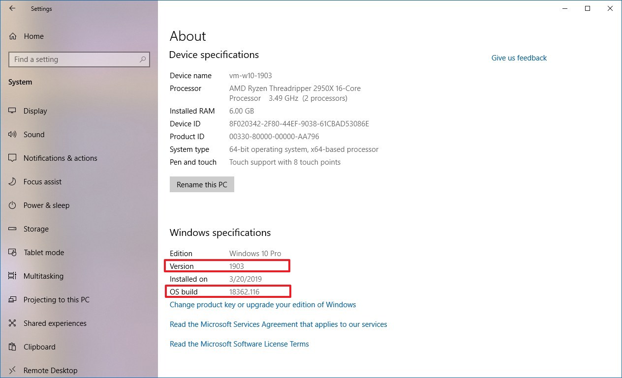 Verificación de la actualización de Windows 10 de mayo de 2019 usando la página de configuración Acerca de