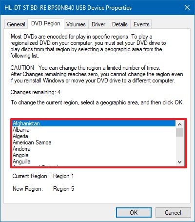 Cambiar la configuración regional de la unidad de DVD en Windows 10