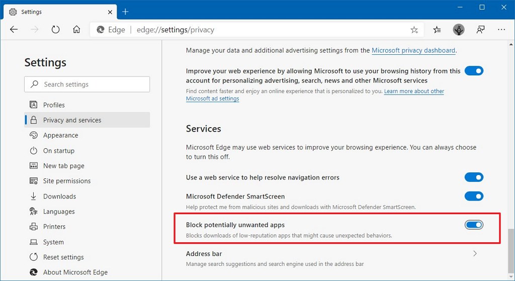 Opción para bloquear aplicaciones de Microsoft Edge potencialmente no deseadas