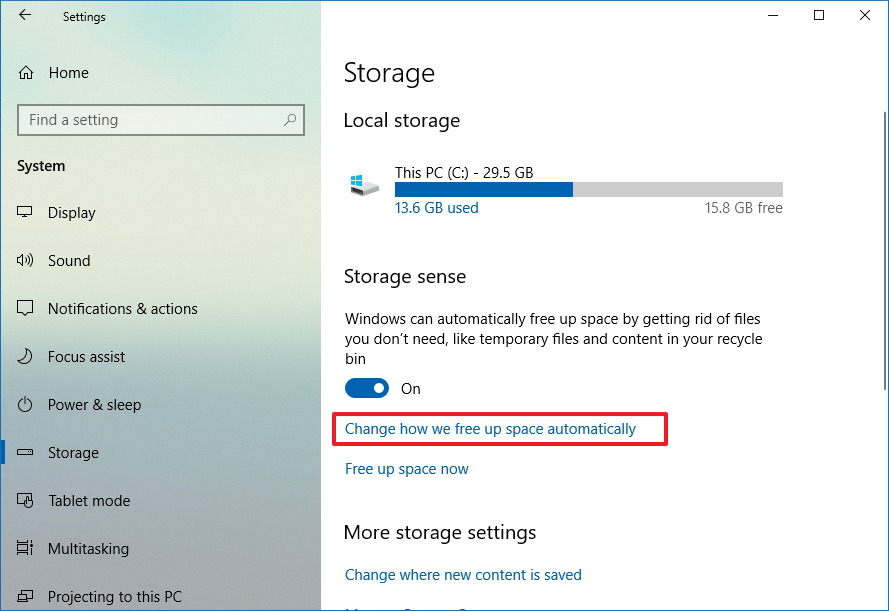 Configuración de almacenamiento en Windows 10 versión 1803