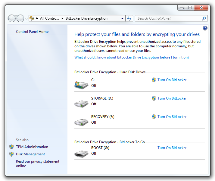 Windows BitLocker: lista de dispositivos de almacenamiento