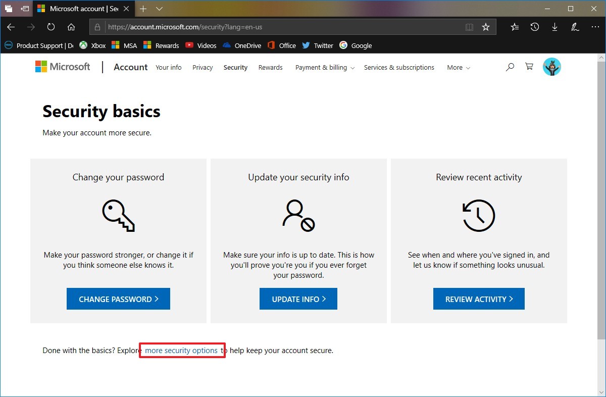 Ficha Seguridad de la cuenta de Microsoft