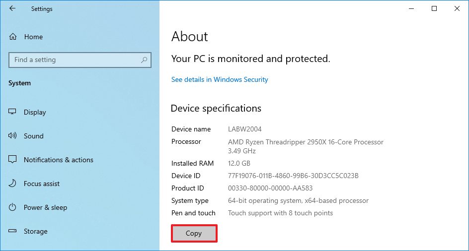 Copiar las especificaciones del dispositivo en Windows 10