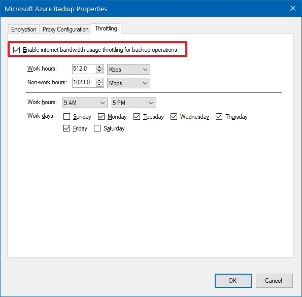 Copia de seguridad de Microsoft Azure, configuración de limitación