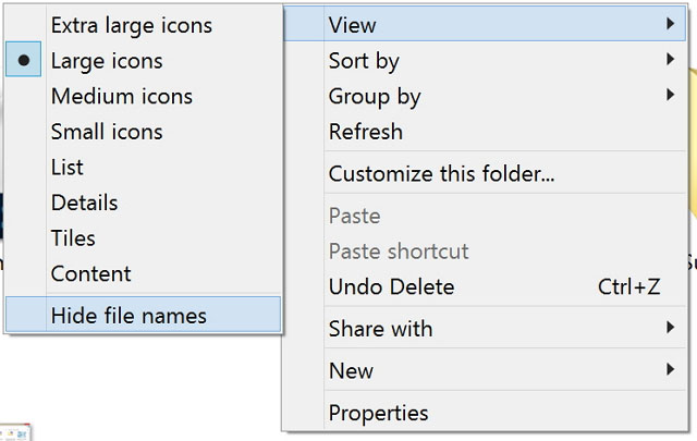 Menú contextual de Windows con la opción Ocultar nombres de archivo