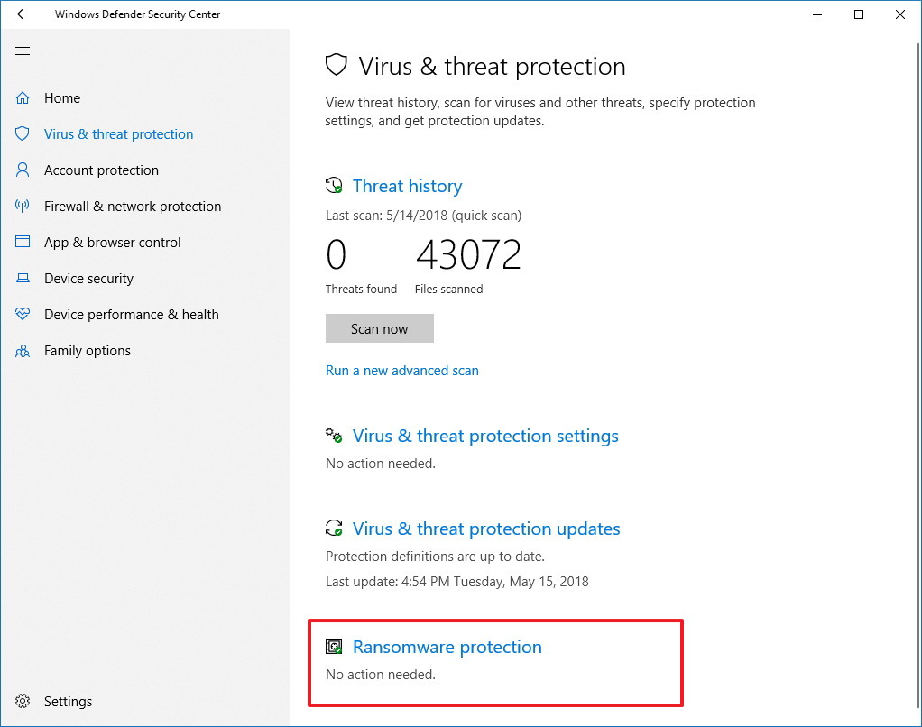 Configuración de antivirus de Windows Defender