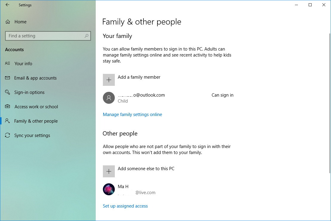 Página de configuración de la cuenta en Windows 10