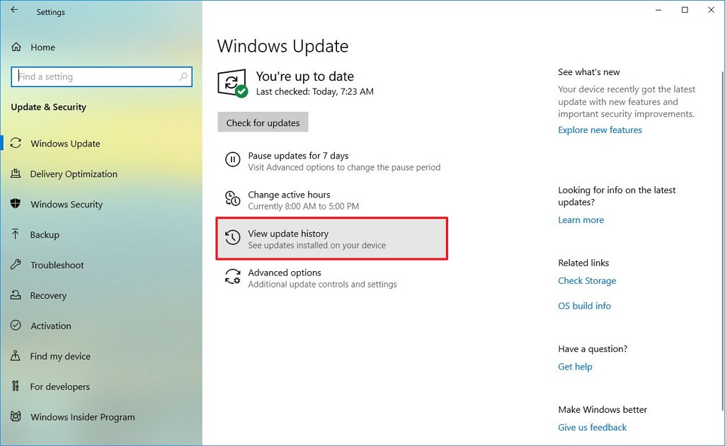Mostrar la opción de historial de actualizaciones en Windows 10