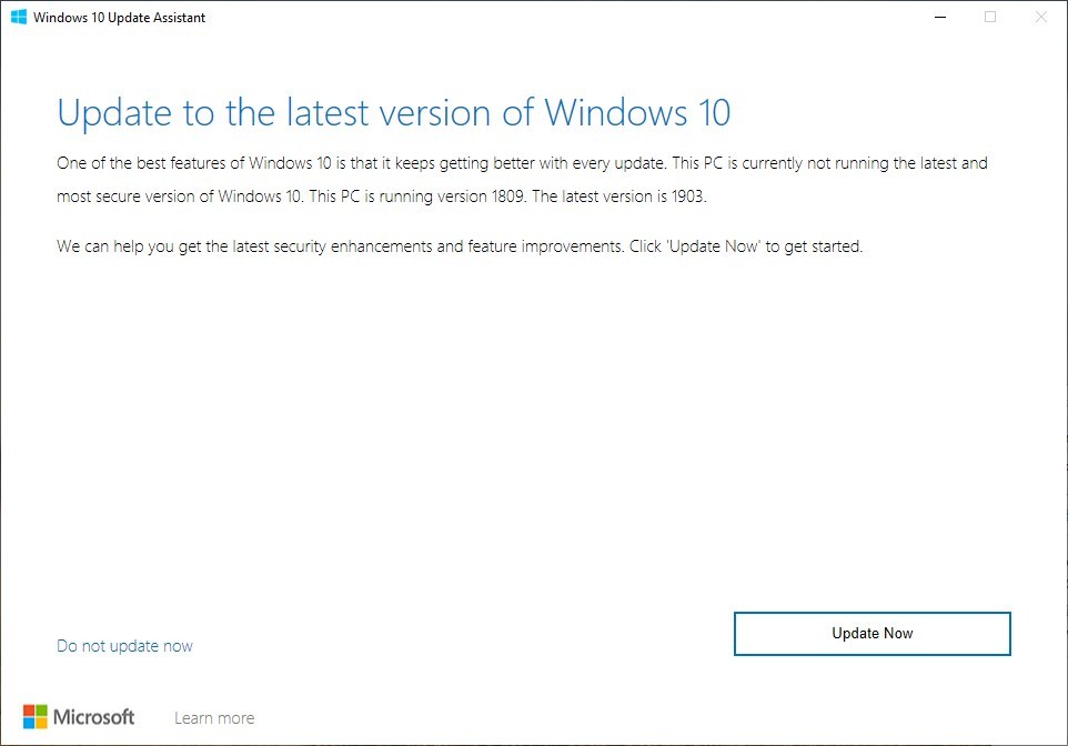 Asistente de actualización para Windows 10 versión 1903