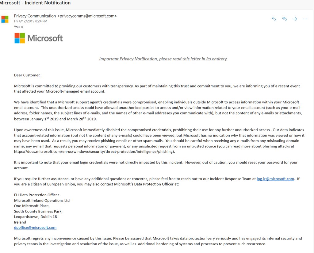 Declaración de incumplimiento de Microsoft Outlook, fuente Reddit (@ Keats852)