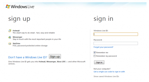 Página de inicio de sesión de Windows Live ID