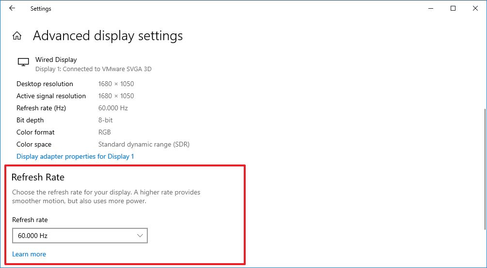 Configuración de frecuencia de actualización de Windows 10 20H2